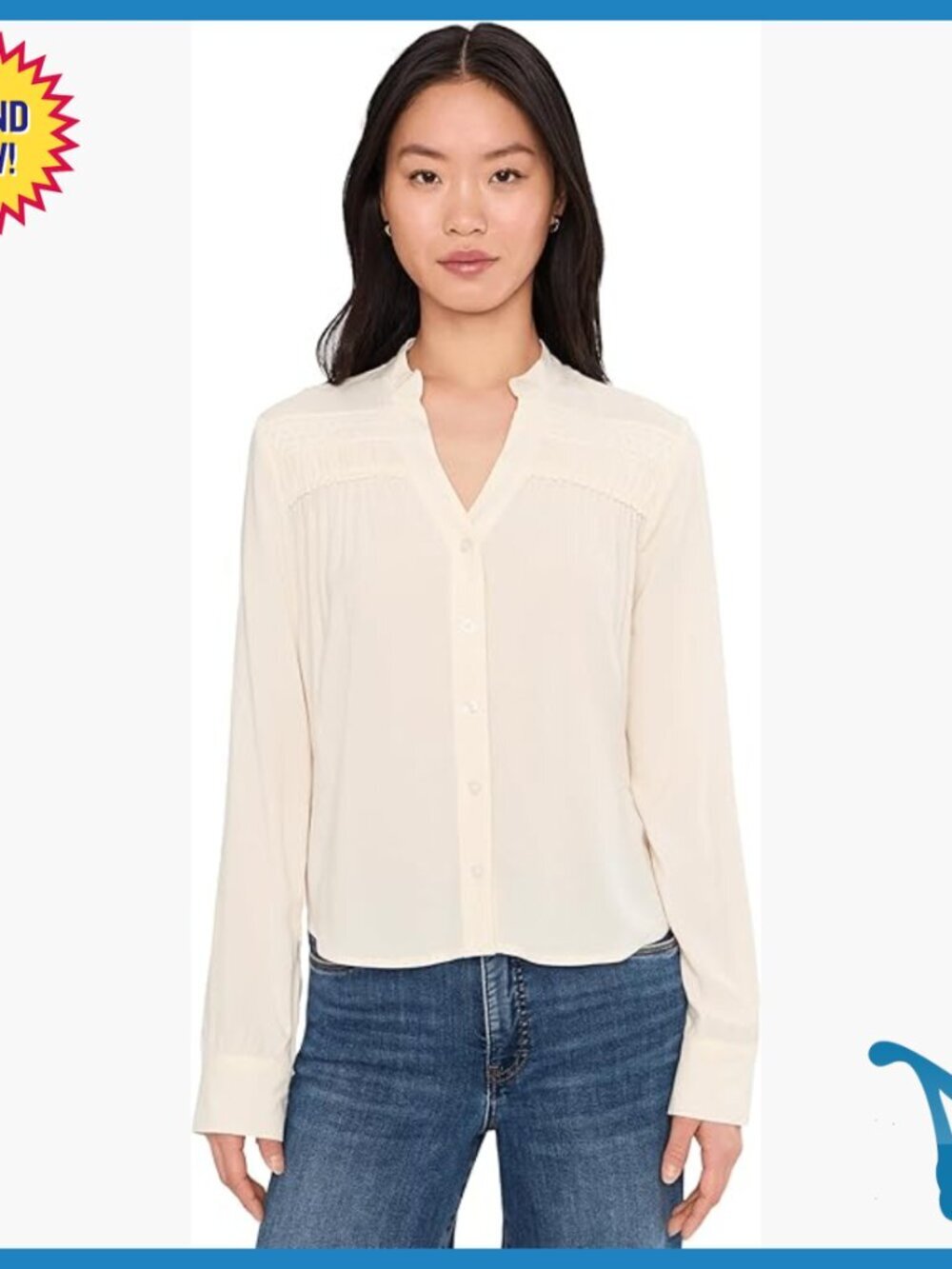 Long Sleeve Button Down Blouse with Shirring and Trim Details